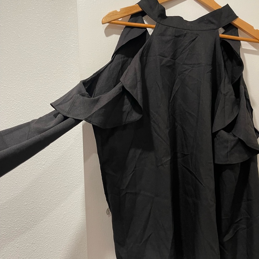 Black Ruffle Cold Shoulder Top - Picture 2 of 5
